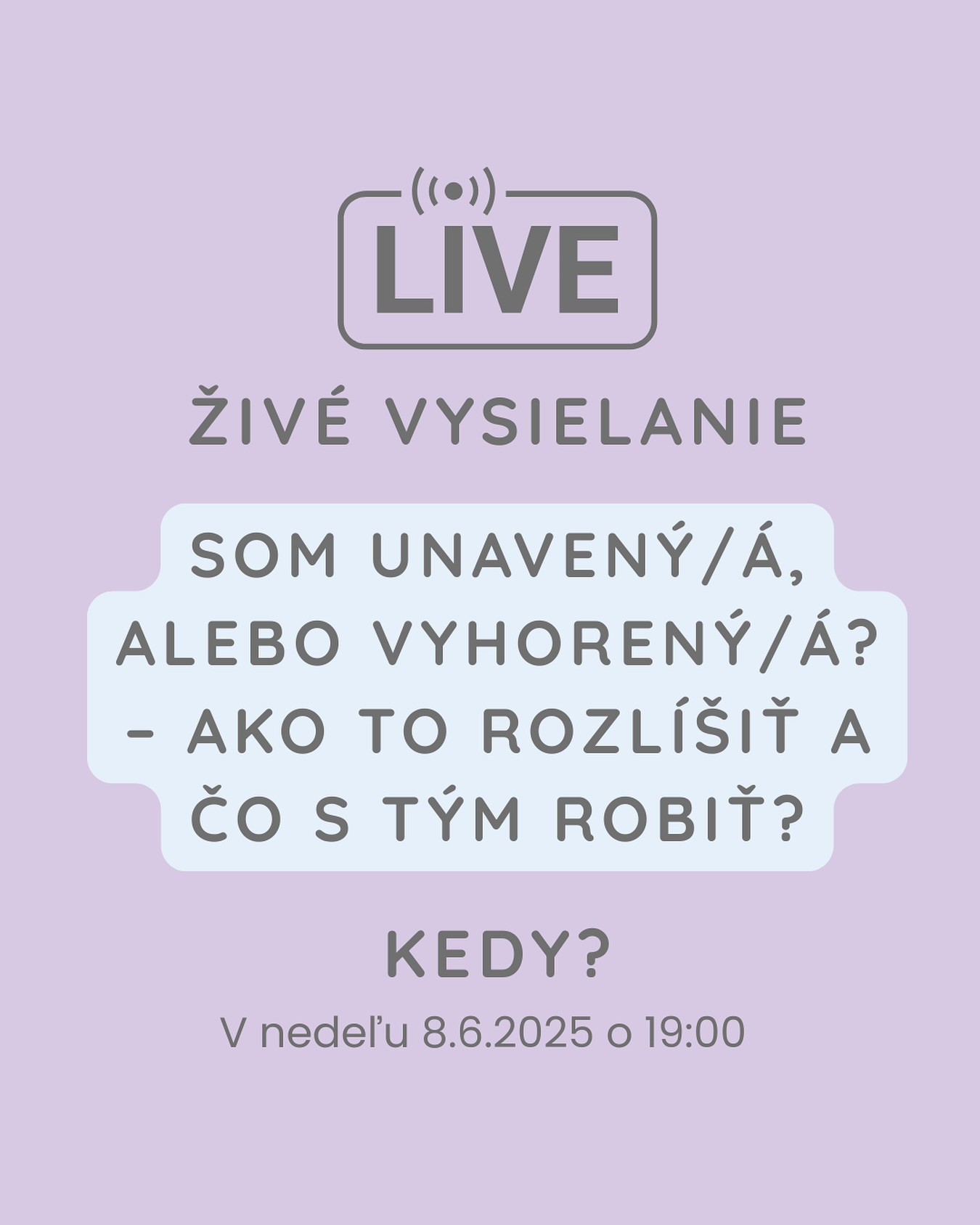 Srdečne ťa pozývam na moje bezplatné živé vysielanie, ktoré sa bude konať už túto nedeľu od 19:00 cca do 20:00 na Instagrame.
👉 Témou vysielania bude: Som unavený/á, alebo vyhorený/á? – Ako to rozlíšiť a čo s tým robiť?
Budeme sa baviť aj o:
✅ Môj príbeh - ako som vyhorela?
✅ Znaky chronickej únavy vs. vyhorenia
✅ Praktické tipy na obnovu energie
Teším sa na teba! 😊
Ak poznáš niekoho, pre koho by táto téma mohla byť užitočná, zdieľaj mu/jej ten príspevok. 😊
#zivevysielanie #live #vyhorenie #burnout #transformacnykoucing