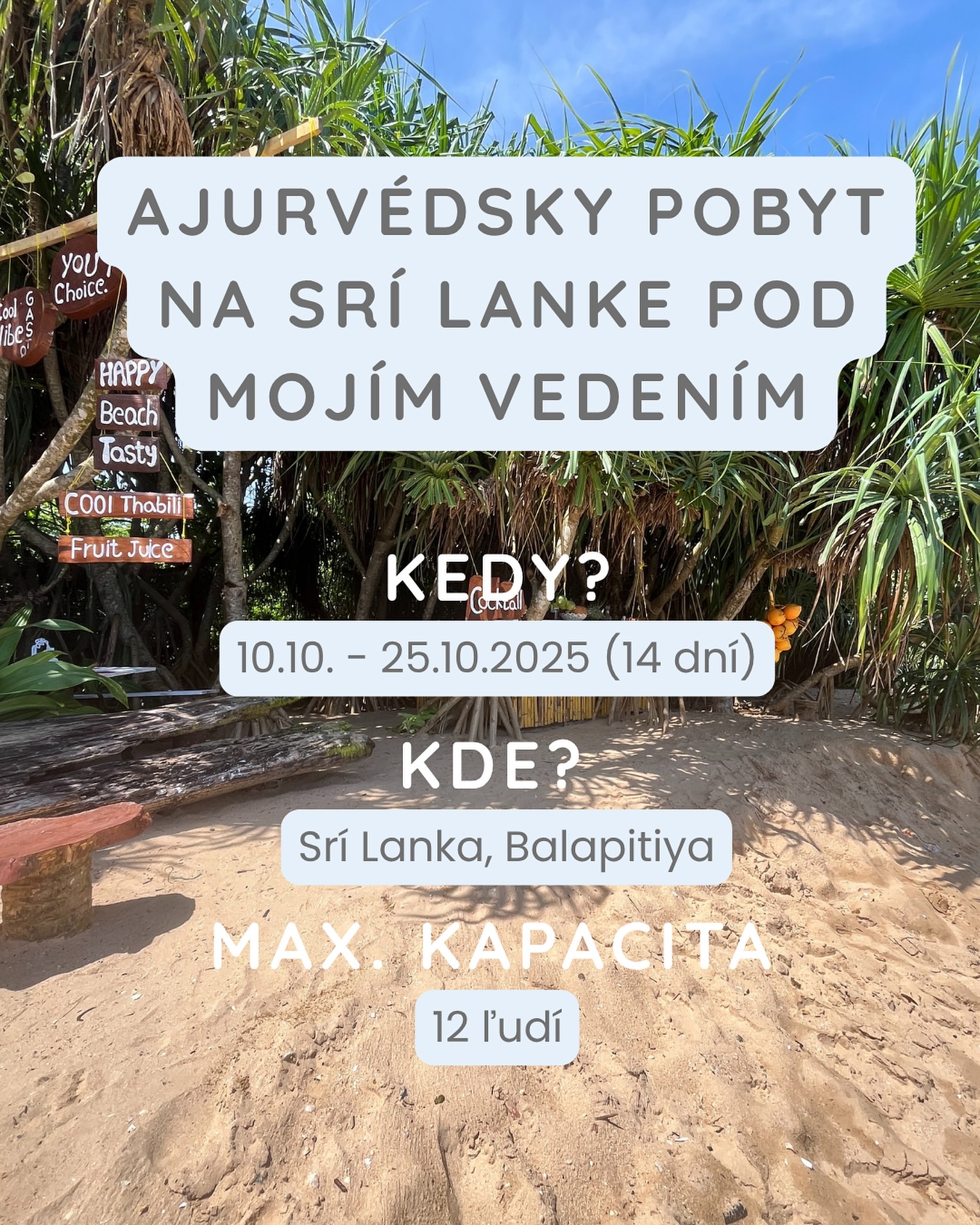 Ak hľadáš spôsob, ako si dopriať hlboký reštart tela, mysle a duše, ajurvédsky transformačný pobyt na Srí Lanke je ideálnou voľbou.
Tento pobyt ponúka jedinečnú príležitosť na absolútnu relaxáciu, detoxikáciu organizmu, zlepšenie zdravia a načerpanie novej energie v prostredí tropickej prírody.🌴
👉 Prečo absolvovať tento pobyt? 👈
✅ Detoxikácia a regenerácia: Prostredníctvom ajurvédskych procedúr dochádza k hlbokej očiste tela na bunkovej úrovni, čo vedie k odstráneniu toxínov a obnoveniu rovnováhy v organizme.
✅ Individuálny prístup: Každý účastník absolvuje konzultáciu s ajurvédskym lekárom, na základe ktorej je zostavený osobný plán terapií a stravovania podľa individuálnych potrieb a zdravotného stavu.
✅ Holistický prístup k zdraviu: Ajurvéda sa zameriava na celkovú harmóniu tela, mysle a duše, čím napomáha k zlepšeniu fyzického zdravia, psychickej pohody a duchovnej rovnováhy.
✅ Špeciálny program: Čaká ťa individuálny koučing so mnou, prednášky, rozhovory v kruhu, meditácie a joga.
👉 Na čo sa môžeš tešiť? 👈
🏨 Ubytovanie v rodinnom rezorte: útulné izby s veľkou kúpeľňou; rezort sa nachádza v krásnej, veľkej záhrade s bazénom len 5 minút chôdze od pláže.
👩⚕️ Ajurvédska diagnostika: Budeme mať až dve skúsené lekárky pre tú najpresnejšiu diagnostiku.
💊 Ajurvédske medicíny: personalizovaná liečba olejmi a medikamentmi najvyššej kvality.
💆♀️ Ajurvédske procedúry (2 h denne): Denné masáže, bylinné kúpele, shirodara a ďalšie terapie zamerané na očistu a regeneráciu tela.
🥗 Zdravá strava: Plná penzia s ajurvédskymi jedlami pripravenými z čerstvých lokálnych surovín, prispôsobená individuálnym potrebám.
🧘♂️ Ranná alebo večerná joga: Prebudíš svoje telo a upokojíš myseľ.
🧘♀️ Spoločný program: Meditácie, prednášky, skupinové rozhovory. Spojíme sa v energii skupiny a prehĺbime vnútorný pokoj.
💬 Individuálny koučing so mnou (60 min.): Okrem fyzického oddychu ti pomôžem aj s mentálnym nastavením. Budeme spoločne pracovať na tvojich cieľoch, prekonávaní blokov a hľadaní tvojej cesty v živote.
🚤 Výlety (v cene): na čajovú plantáž s fabrikou a loďkou na rieku Madu.
✍️ Pre viac info mi napíš do správy alebo na silesnikola@gmail.com.😊