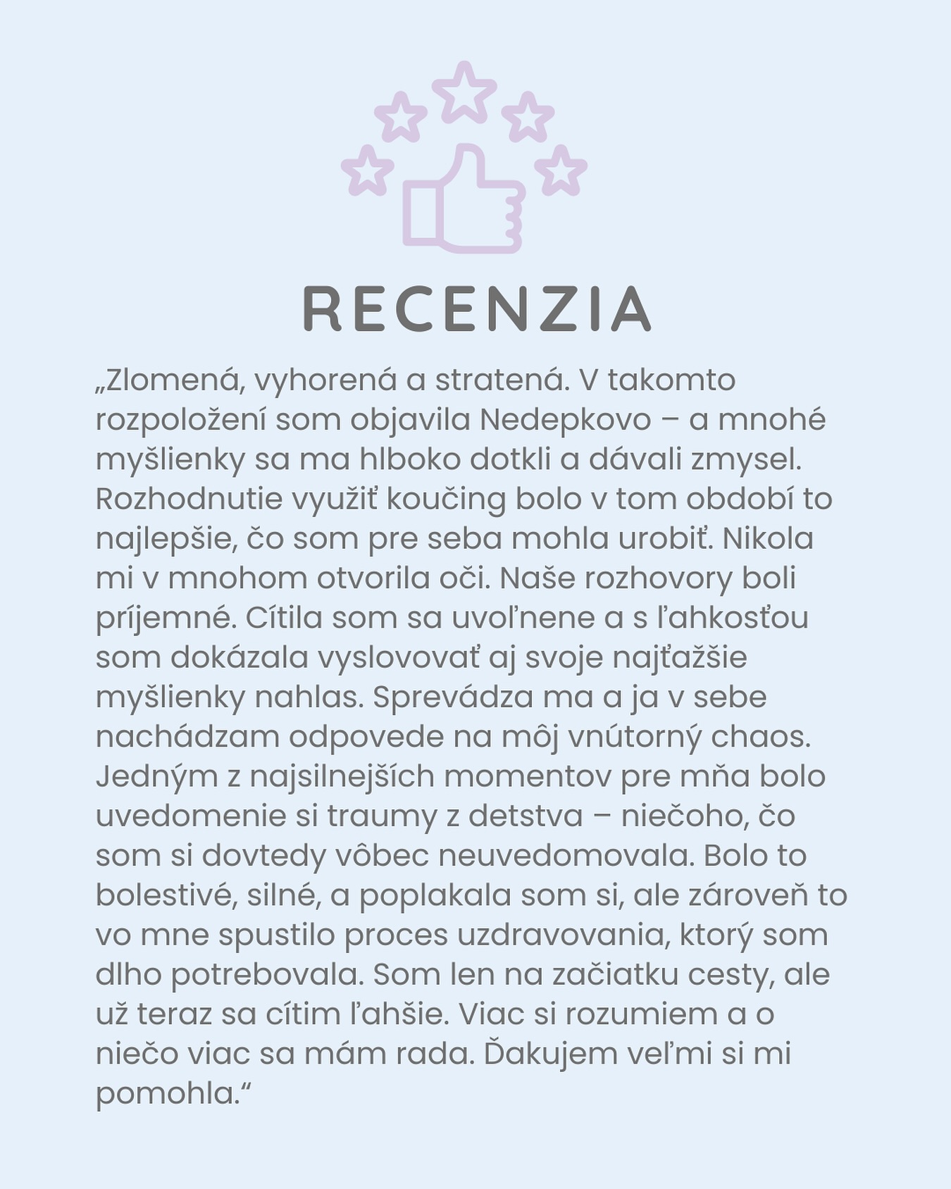 Ďakujem za tento krásny feedback od mojej klientky Katky, ktorá so mnou absolvovala 5 hodín koučingu.❤️
Ten pocit, že som niekomu pomohla je pre mňa na nezaplatenie. 😊
Je až neuveriteľné, že aj za taký krátky čas sa dajú dosiahnúť výsledky.
Ďakujem za spoluprácu!🧡