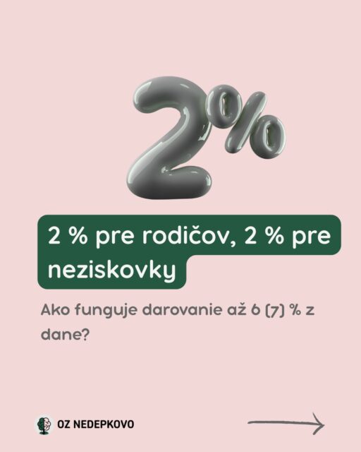 🧾 Aj tvoje 2 % z dane môžu podporiť duševné zdravie.

Dane berieme často ako povinnosť, ktorú treba „len prežiť“.
No časť z nich vieš vedome presmerovať tam, kde pomáhajú ľuďom v skutočnom živote 💛

➡️ pomôžeš rodičom (ak spĺňajú podmienky)
➡️ podporíš neziskovku
➡️ a nestojí ťa to nič navyše

V tomto carouseli máš len stručný prehľad možností.

Viac nájdeš v tomto článku:
👉 https://www.nikolasiles.sk/ako-darovat-az-6-percent-z-dane/
👉 Link v BIO

✨ Ak hľadáš neziskovku, ktorej chceš venovať svoje 2 % s OZ Nedepkovo
✅ Podporíš destigmatizáciu duševných ochorení, osvetu a bezpečný priestor pre rozhovory o duševnom zdraví.

📌 Postup + údaje na darovanie 2 % pre OZ Nedepkovo nájdeš v článku (link v bio)

👉 Ulož si post, nech sa k nemu vrátiš pri daniach
👉 Pošli ho niekomu, kto ešte rieši, komu svoje 2 % daruje

Ďakujeme, že pomáhaš robiť z duševného zdravia tému, o ktorej sa nemusíme báť hovoriť. 🤍

#2percenta #dusevnezdravie #destigmatizacia #pomahame #dane2026 #nedepkovo_oz #nikola_siles_koucka #obcianskezdruzenie