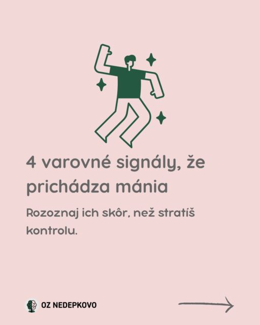 Konečne mi je skvele.“ Alebo je to začiatok mánie?

Mánia (alebo hypománia) nie je len „dobrá nálada“. Je to stav, kedy tvoj mozog 🧠 prepne na plné obrátky a ty pomaly strácaš kontrolu nad volantom.

Najhoršie na nej je, že zo začiatku môže chutiť fantasticky, ale ten pád potom býva tvrdý.😱

4 signály, ktoré by si nemal/a ignorovať:

🚩 Spánok: Necítiš únavu ani po prebdenej noci.

🚩 Myšlienky: Bežia tak rýchlo, že sa o seba potkýnajú.

🚩 Podráždenosť: Tvoj nervový systém skratuje pri každej maličkosti.

🚩 Impulzivita: Robíš rozhodnutia, ktoré majú trvalé následky.

Poznať svoje „red flags“ je superschopnosť, ktorá ti môže zachrániť vzťahy aj zdravie. 

Sme v tom spolu. Sme OZ Nedepkovo.🧡

Pomôž nám búrať mýty o duševných ochoreniach:
👉 2 % z dane: Cesta, ktorá ťa nestojí nič navyše.
👉 Donio: Každé euro nám pomáha tvoriť a pomáhať ďalej.

Všetky linky nájdeš v našom Biu. 🔗

Ďakujeme!🧡

#mania #hypomania #bipolarnaporucha #dusevnezdravie #dusevneochorenia